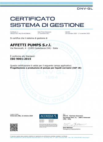 Сертифікат якості по ISO 9001 для Affetti Pumps